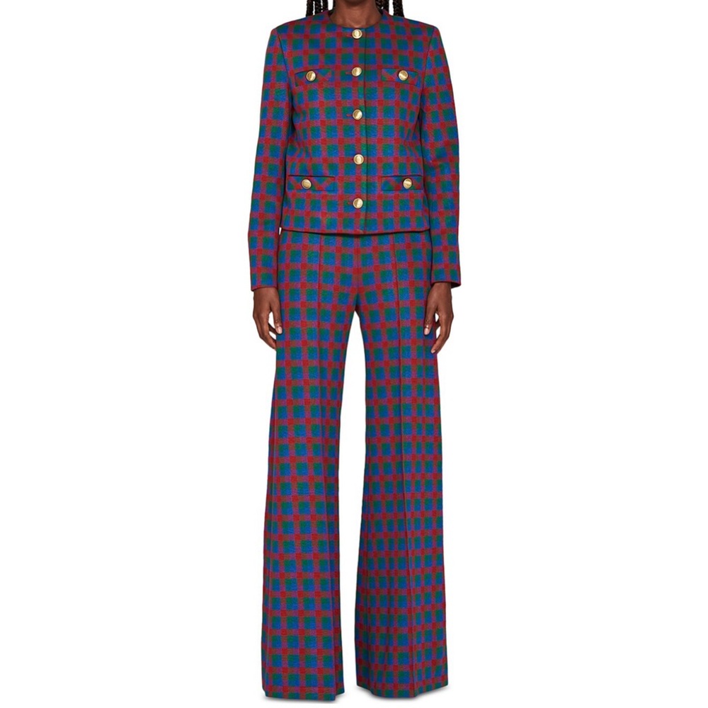 Rosetta Getty Pintuck Checkered Set (Jacket, Cropped Top & Wide Leg Pants) Sz S